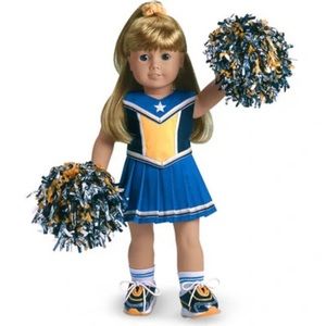 American Girl Cheerleader Outfit III Blue Yellow Top Skirt Socks Shoes Pom Poms